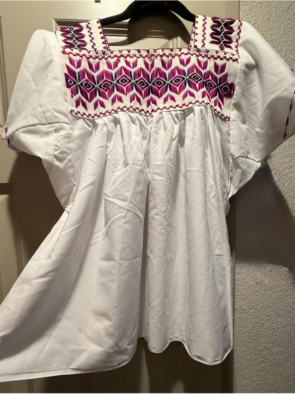 Embroidered White Peasant Blouse with Pink Geometric Yoke
